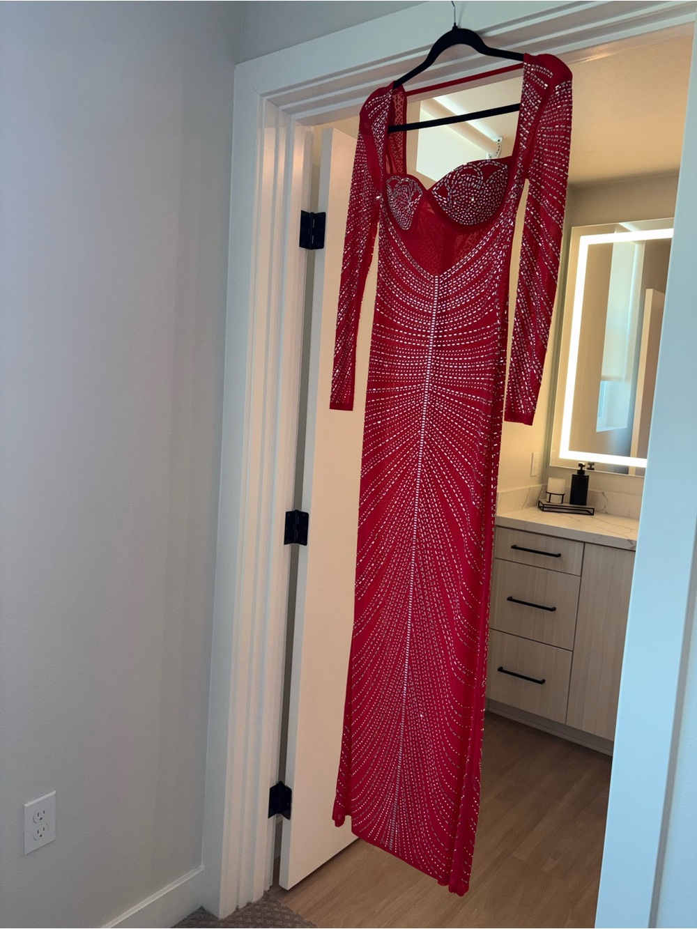 Macy's Red Long Sleeve Sequin Mesh Gown with Sculpted Bust - Picture 3 of 13